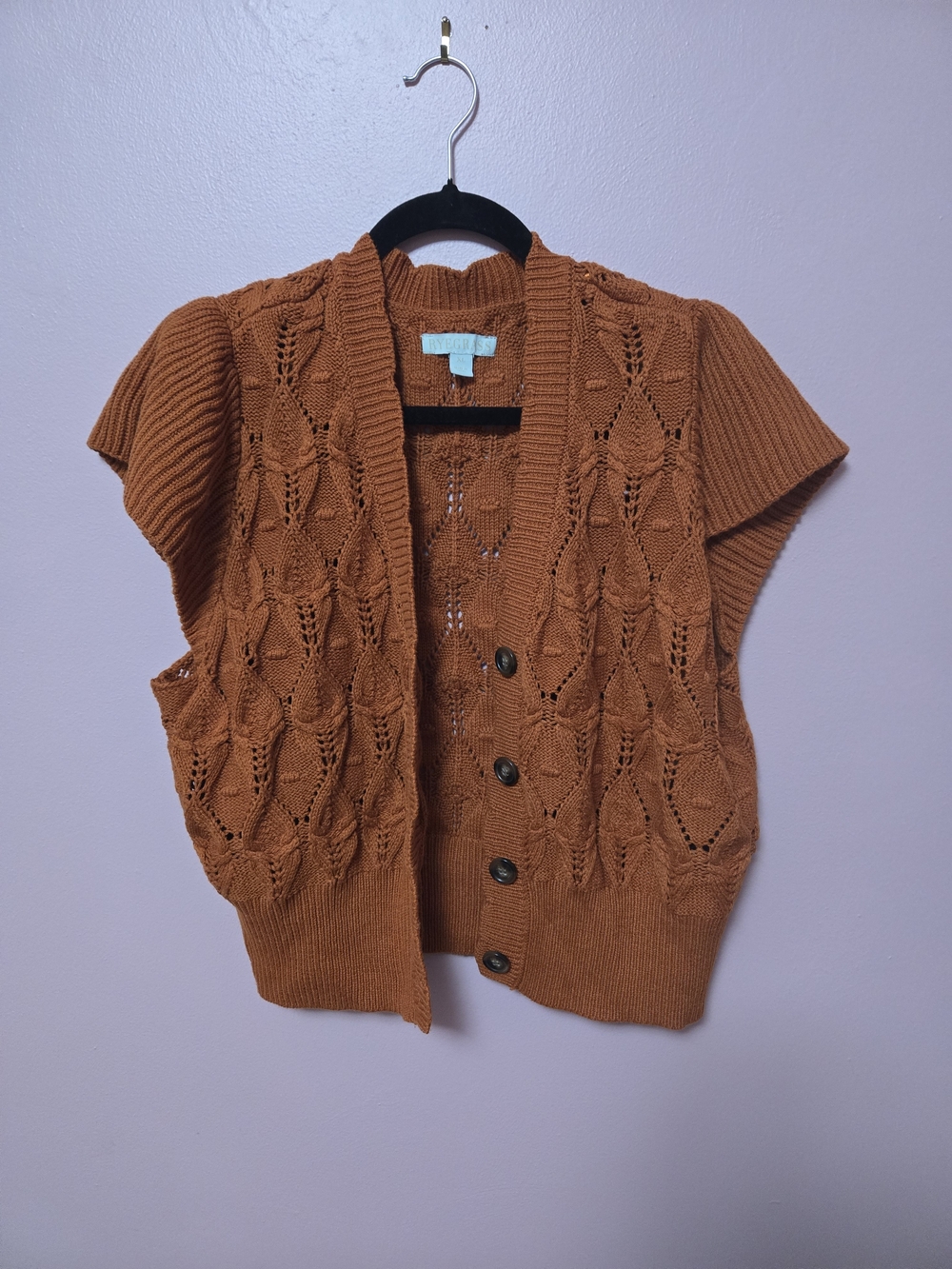 Open-Knit Short Sleeve Cardigan - Rust